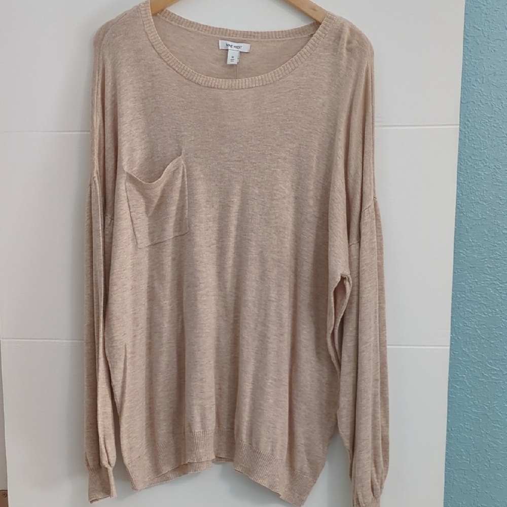 Nine West Cotton Beige Long Baloon Sleeve Sweater Minimalist Coastal Sz XL